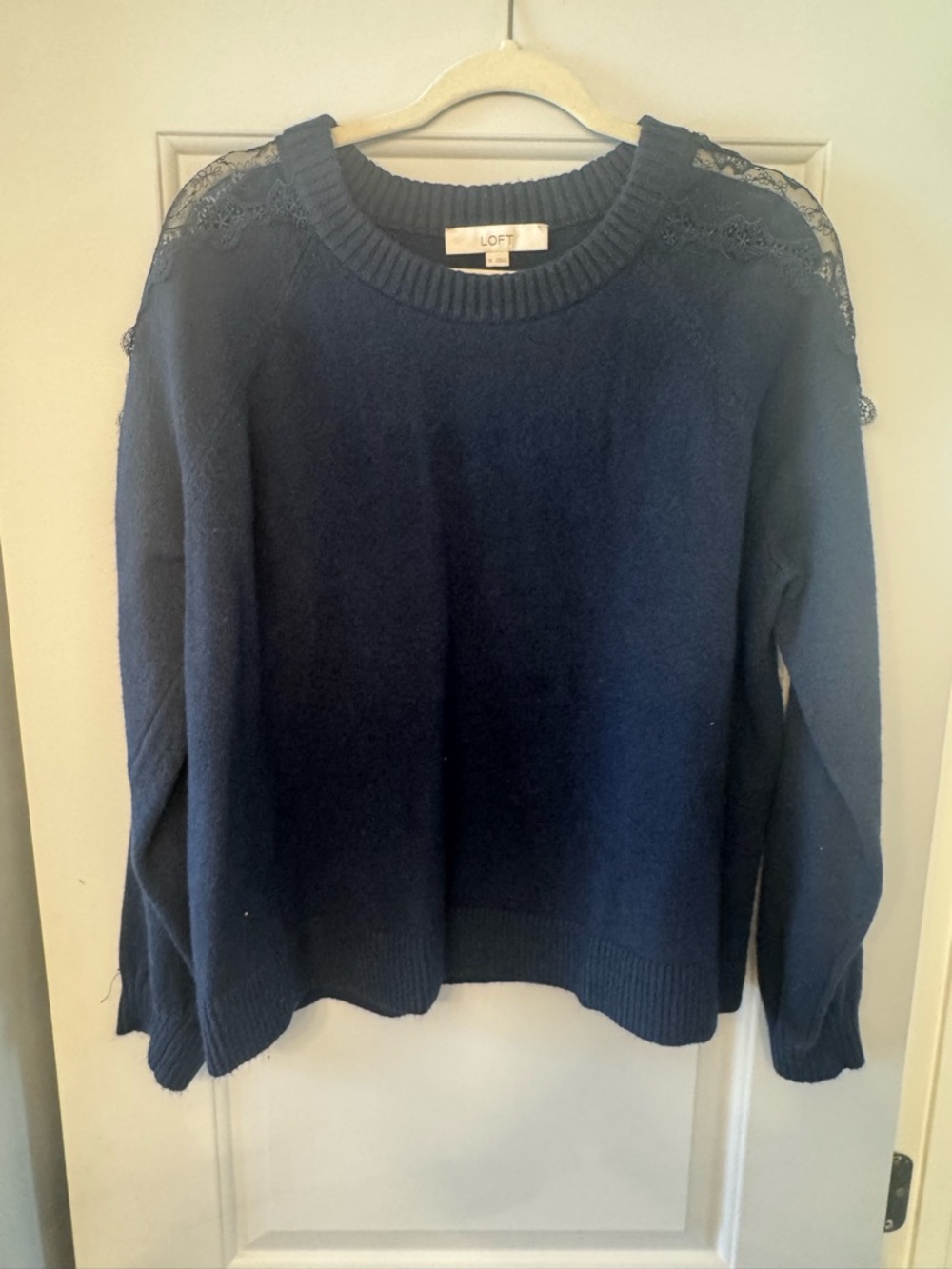 LOFT Navy Crewneck Sweater with Lace Shoulder Detail
